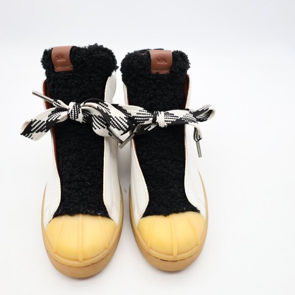 Coach High-Top Wedge Hiker Leather Women's Sz 8 B White Black Shearling Bow Fur - Picture 2 of 10